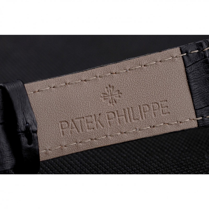 Patek Philippe Calatrava White Dial Diamond Hour Marks Ribbed Bezel Gold Case Black Leather Strap-6