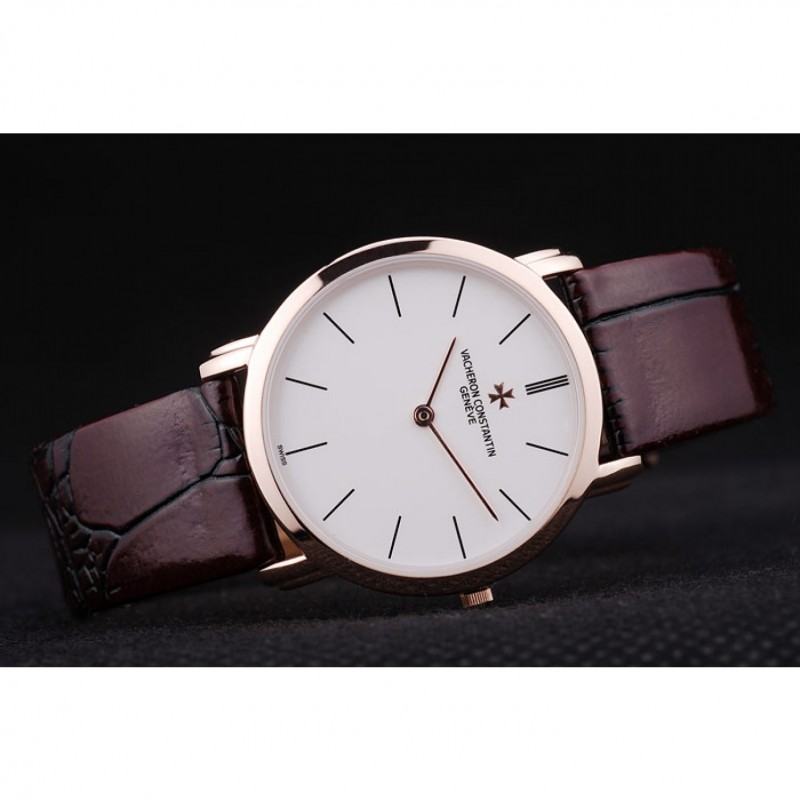 Cheap Vacheron Constantin Patrimony White Dial Rose Gold Case Rich Maroon Leather Bracelet-2
