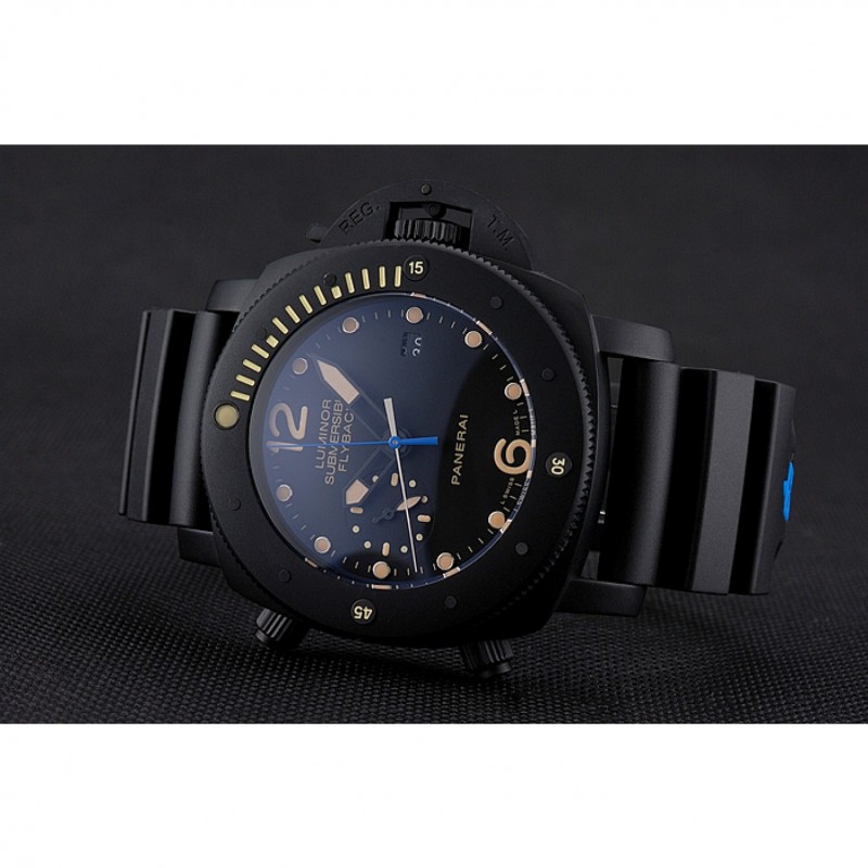 Panerai Luminor Submersible Flyback Date Black Dial Yellow Markings Black Ionized Case Black Rubber Strap-4