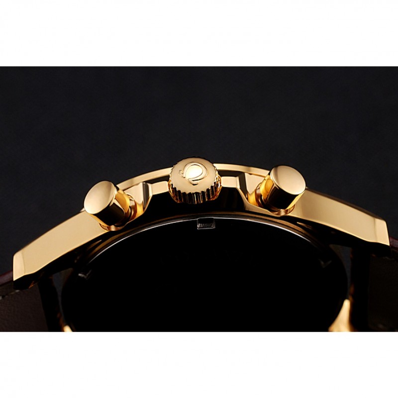 SS Replica Watches Omega Chronograph Gold Dial Gold Case Brown Leather Strap-8