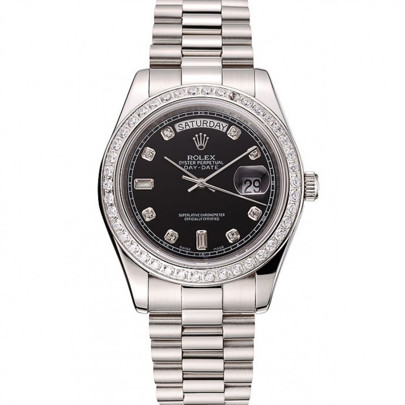 Swiss Rolex Day-Date Black Dial Diamond Case Diamond Numerals Stainless Steel Bracelet 1453966-0