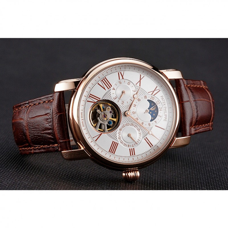 Patek Philippe Grand Complications Moonphase Perpetual Calendar Tourbillon White Dial Rose Gold Case Brown Leather Strap-4