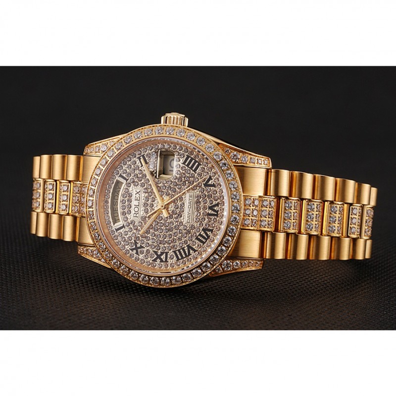 Best Replica Watches Swiss Rolex Day-Date Diamond Pave Dial Gold Diamond Bracelet 1453956-2