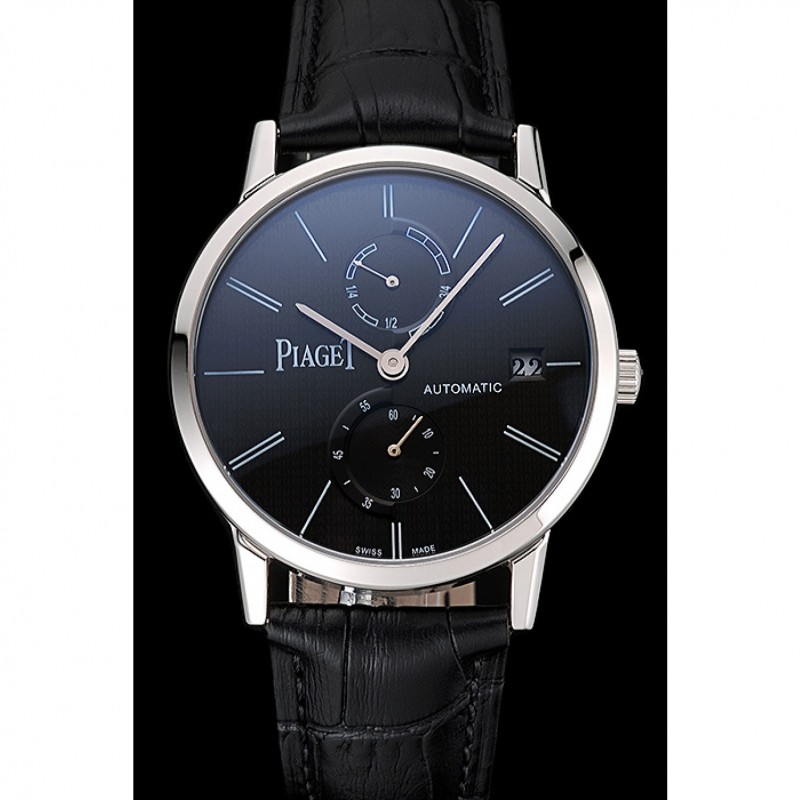 Cheap Piaget Altiplano Date Black Dial Stainless Steel Case Black Leather Strap-1