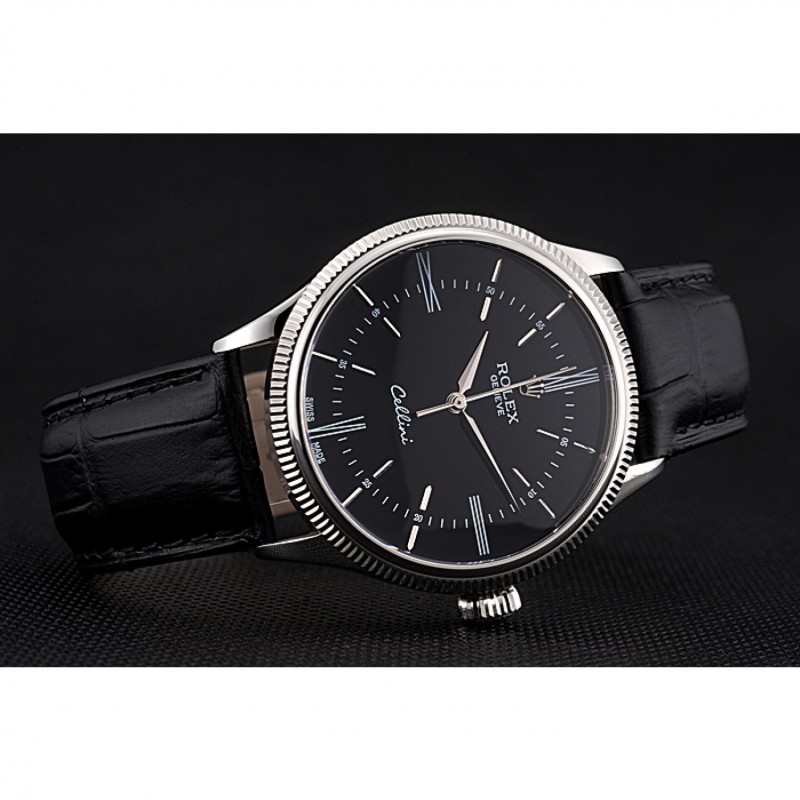 Swiss Rolex Cellini Time Silver Case Black Dial Black Leather Bracelet 622654-3