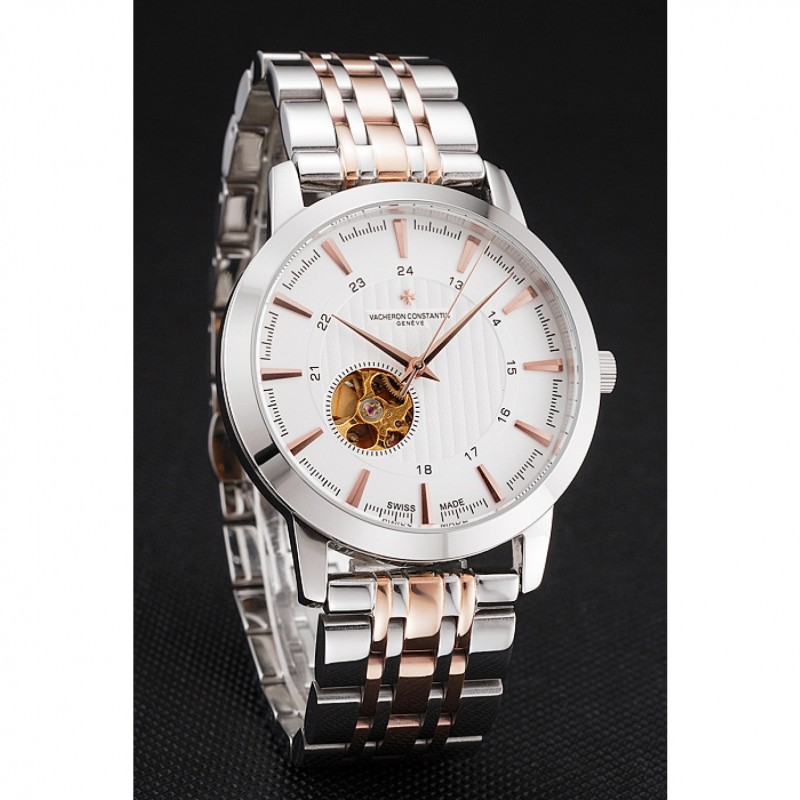 Cheap Vacheron Constantin Tourbillon White Dial Rose Gold Numerals Stainless Steel Case Two Tone Bracelet-2