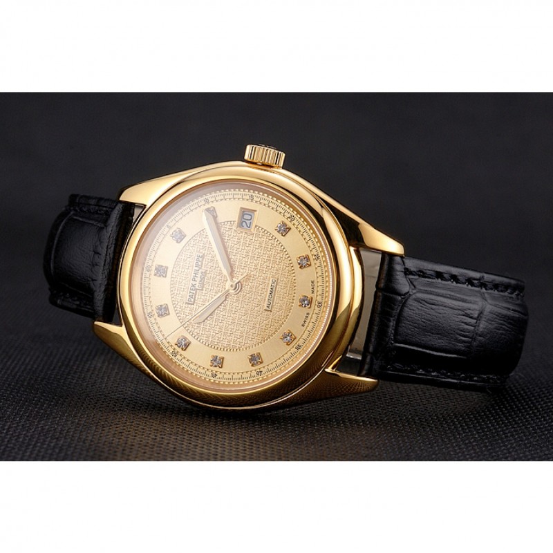 Swiss Patek Philippe Calatrava Gold Dial Diamond Markings Gold Case Black Leather Strap-4