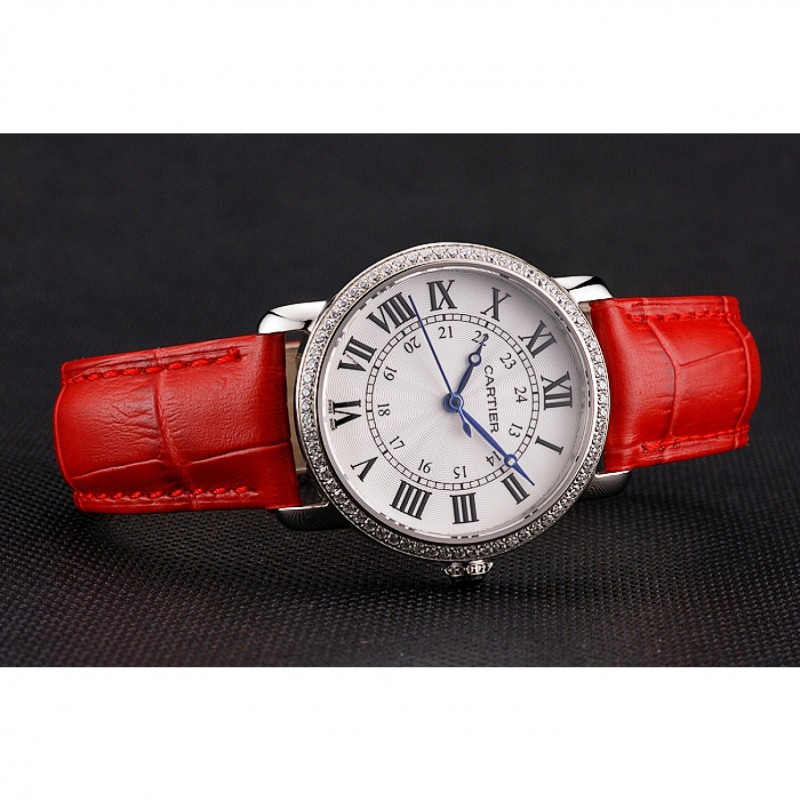 Cartier Ronde White Dial Diamond Bezel Stainless Steel Case Red Leather Strap-4