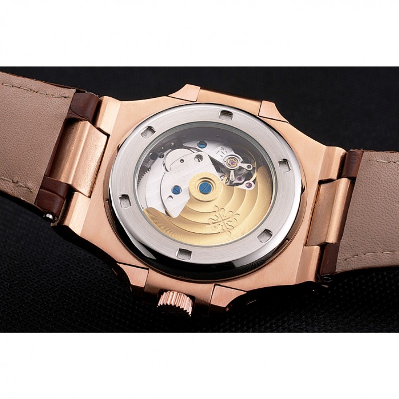 Patek Philippe Nautilus Gray Dial Rose Gold Case Brown Leather Strap-8