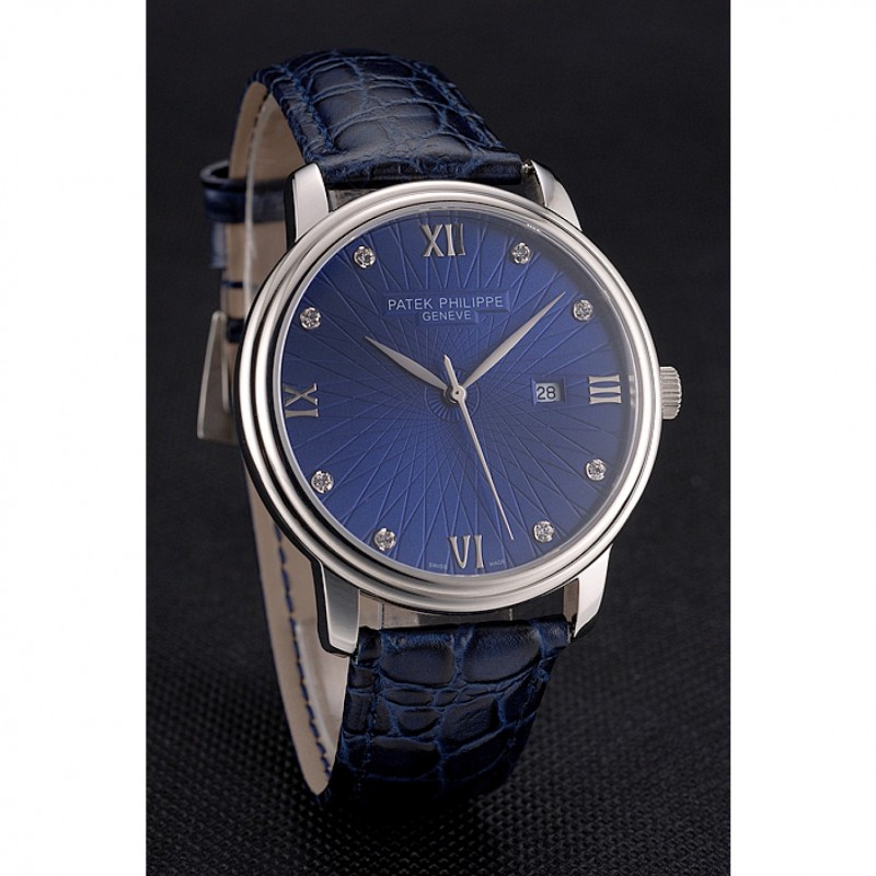 Patek Philippe Calatrava Date Blue Dial Stainless Steel Case Blue Leather Strap-2