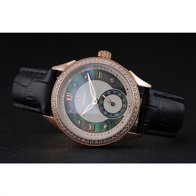 Omega DeVille Prestige Black Dial Gold Diamond Case Black Leather Bracelet 1454123-3