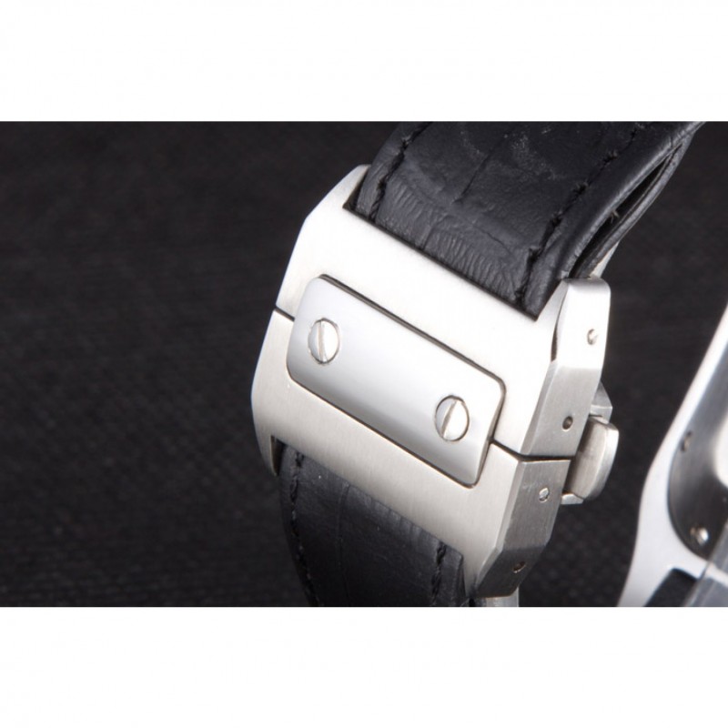 Swiss Cartier Santos Silver Bezel with Diamonds and Black Leather Strap sct47 621531-8