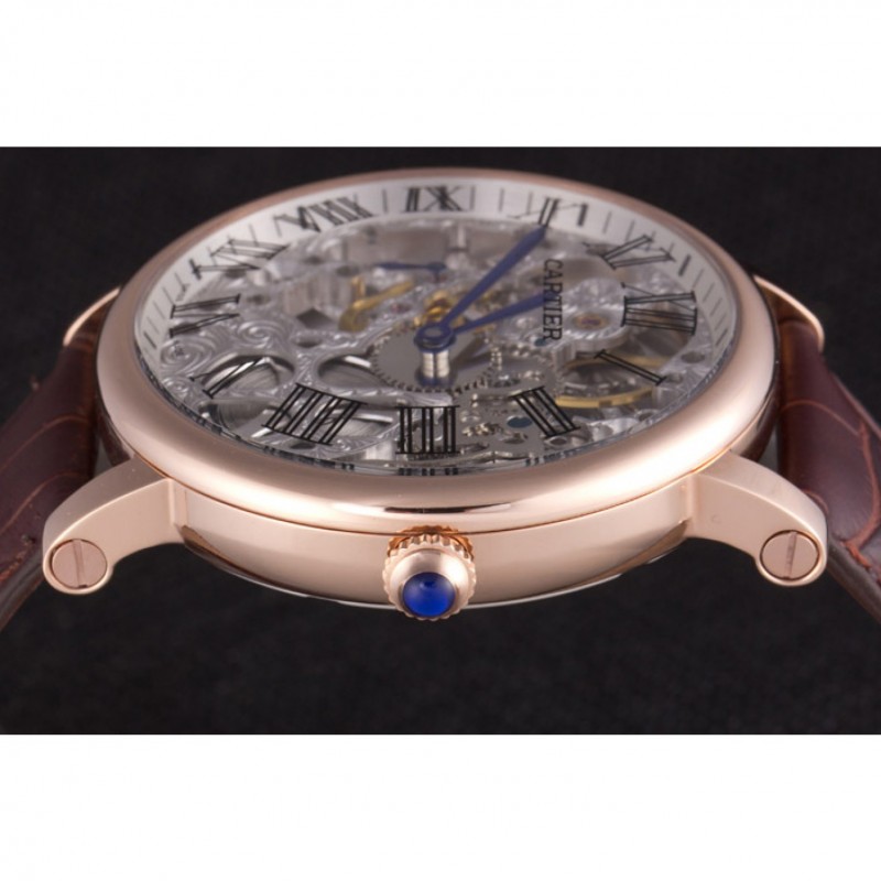 Luxury Cartier Luxury Skeleton Watch with Rose Gold Bezel and Brown Leather Band 621557-5