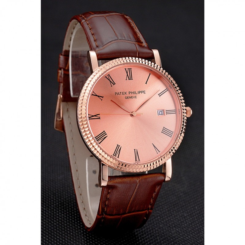 Patek Philippe Calatrava Rose Gold Dial Roman Numerals Ribbed Bezel Rose Gold Case Brown Leather Strap-2