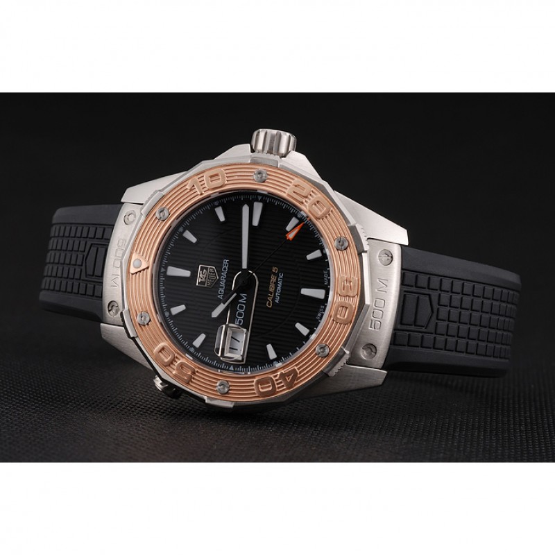 Cheap Swiss Tag Heuer Aquaracer Calibre 5 Black Dial Gold Bezel Stainless Steel Case Black Rubber Strap-3