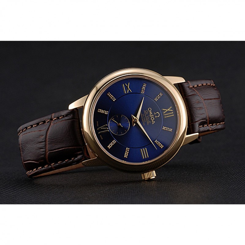 Omega DeVille Prestige Small Seconds Blue Dial Gold Case Brown Leather Bracelet 622601-3