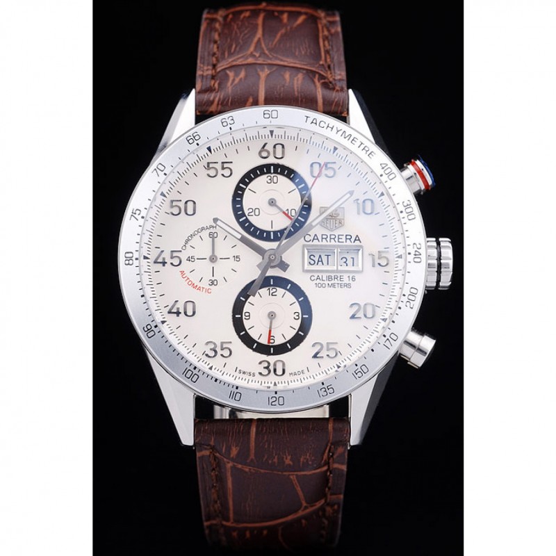 Tag Heuer Swiss Carrera Tachymeter Bezel Dark Brown Leather Strap White Dial-1