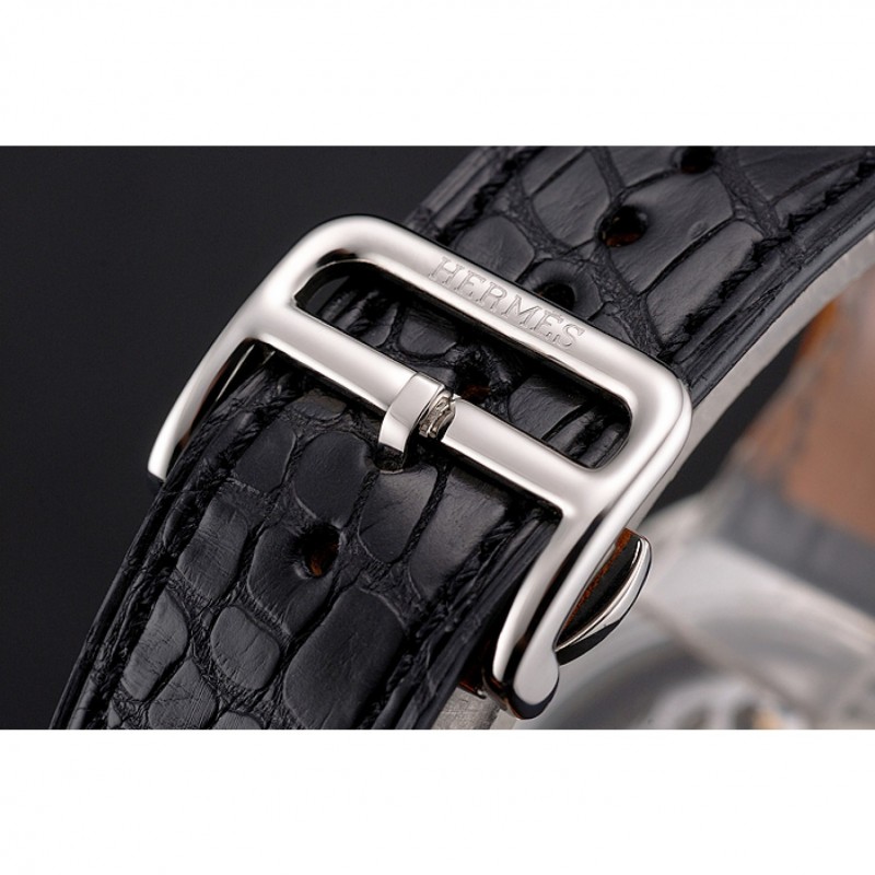 Swiss Hermes Arceau Skeleton Black Dial Blue Hands Stainless Steel Case Black Leather Strap-5
