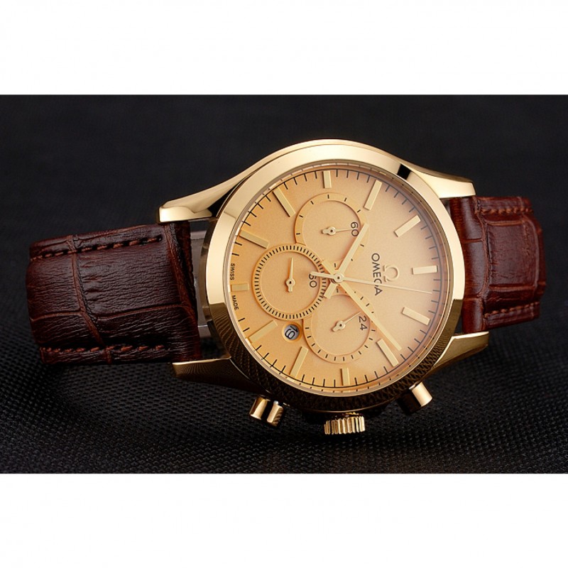 SS Replica Watches Omega Chronograph Gold Dial Gold Case Brown Leather Strap-3