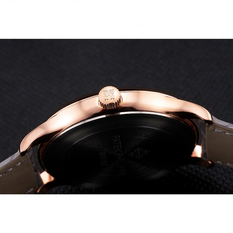 High End Replica Watches Patek Philippe Calatrava Gray Dial Diamond Markings Rose Gold Case Gray Leather Strap-8
