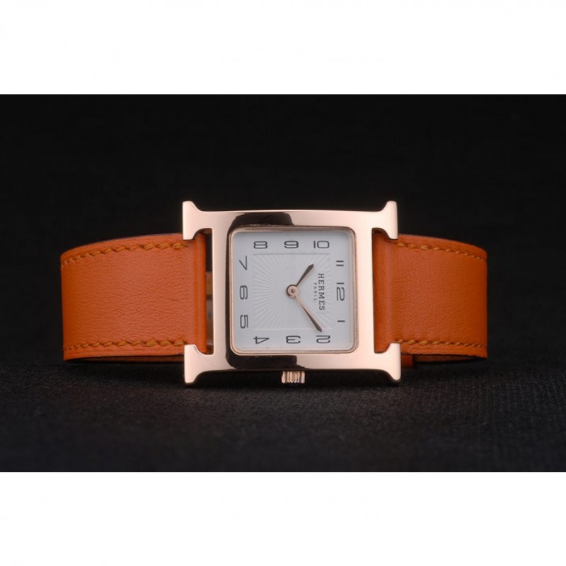 Cheap Hermes Heure H Rose Gold Bezel Orange Leather Strap White Dial 80234-3