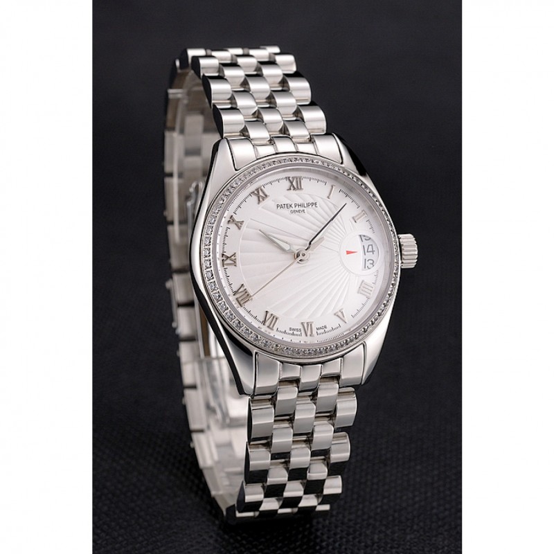 AAA Replica Watches Swiss Patek Philippe Calatrava White Dial Diamond Bezel Stainless Steel Case And Bracelet-2