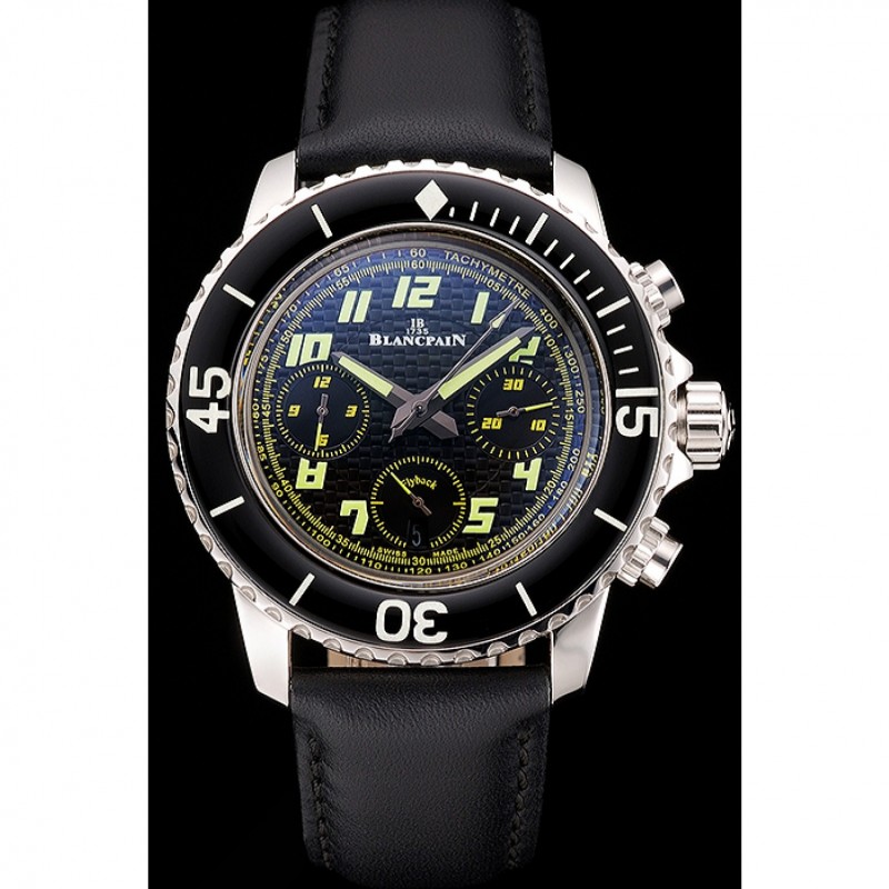 Swiss Blancpain Fifty Fathoms Flyback Chronograph Carbon Fiber Dial Stainless Steel Case Black Leather Strap-1