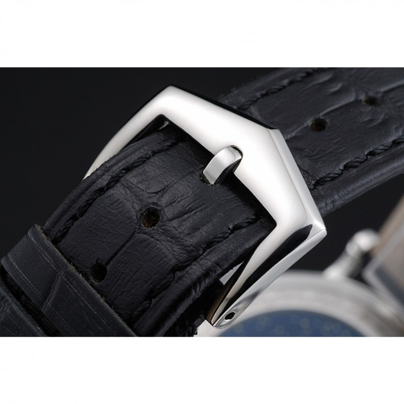 Patek Philippe Perpetual Calendar Retrograde Date Black Dial Engraved Silver Case Black Leather Bracelet 1454146-5