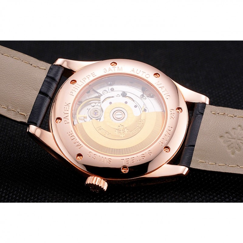 Swiss Patek Philippe Calatrava Black Dial Rose Gold Case Black Leather Strap-7