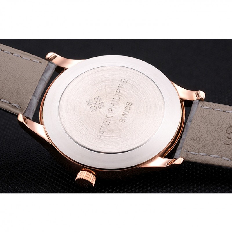 High End Replica Watches Patek Philippe Calatrava Gray Dial Diamond Markings Rose Gold Case Gray Leather Strap-7