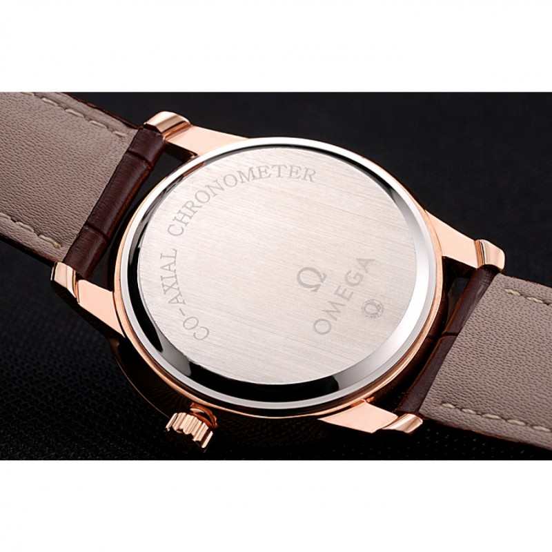 Omega De Ville Prestige White Dial Rose Gold Case Brown Leather Strap-7