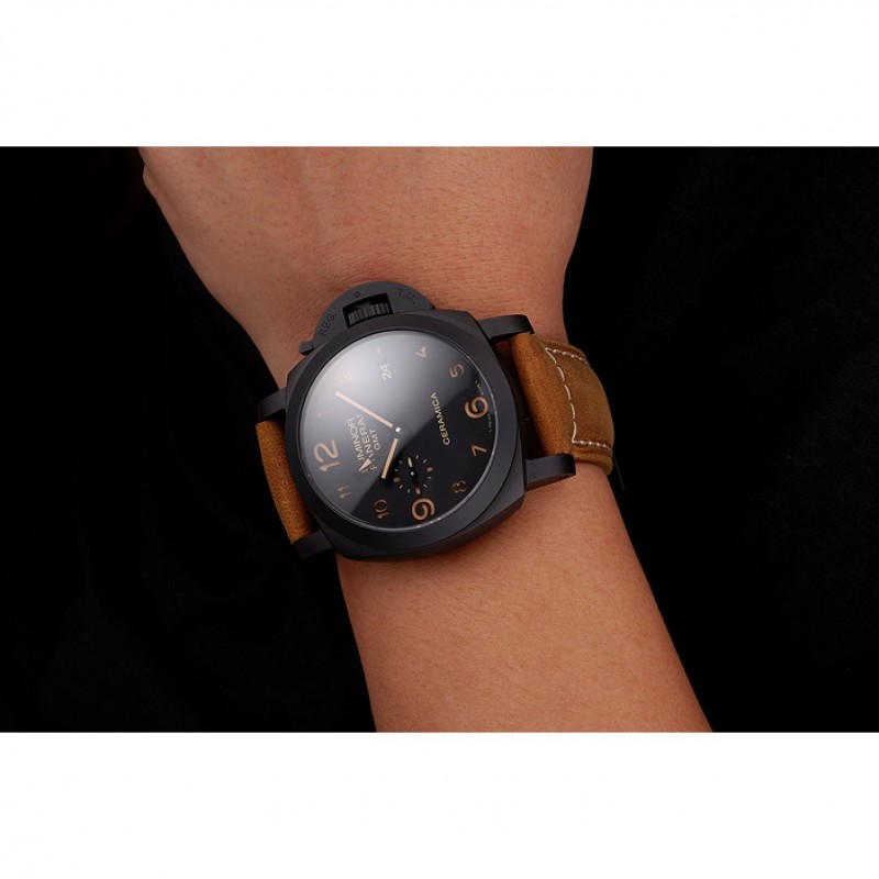 Swiss Panerai Luminor GMT Ceraica Black Dial Black Case Brown Leather Strap-8