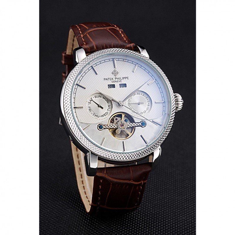 Patek Philippe Day Date Tourbillon White Dial Stainless Steel Case Embossed Bezel Brown Leather Strap 622837-2