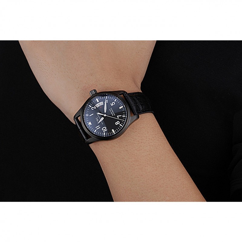 Cheap Replica Watches Swiss IWC Mark XVII Black Steel Case Black Dial Black Leather Bracelet 622667-7