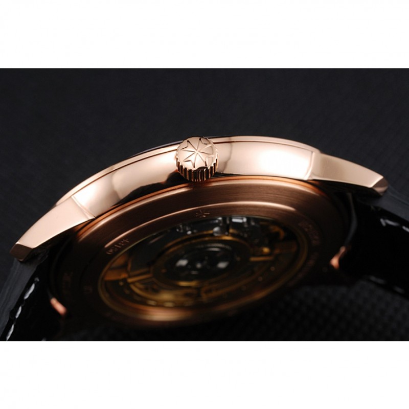 Swiss Vacheron Constantin Patrimony Black Dial Rose Gold Case Black Leather Bracelet 1454168-8