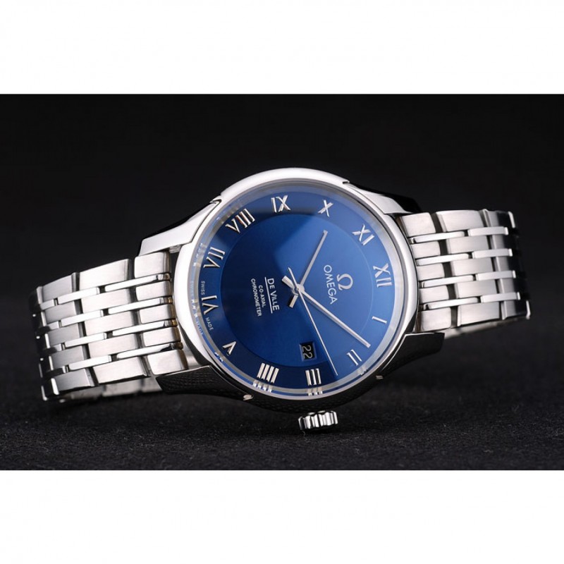 Omega Swiss DeVille Stainless Steel Bezel Roman Numbers Blue Dial 7612-3