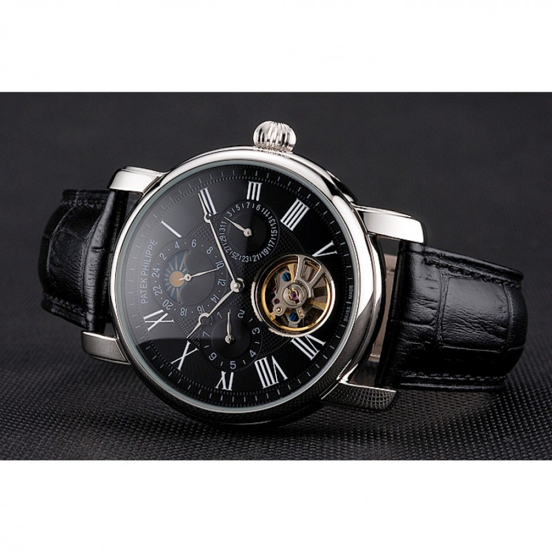 Patek Philippe Grand Complications Moonphase Perpetual Calendar Tourbillon Black Dial Stainless Steel Case Black Leather Strap-4