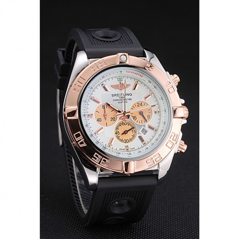 Breitling Chronomat White Dial Rose Gold Bezel And Subdials Stainless Steel Case Black Rubber Strap-2