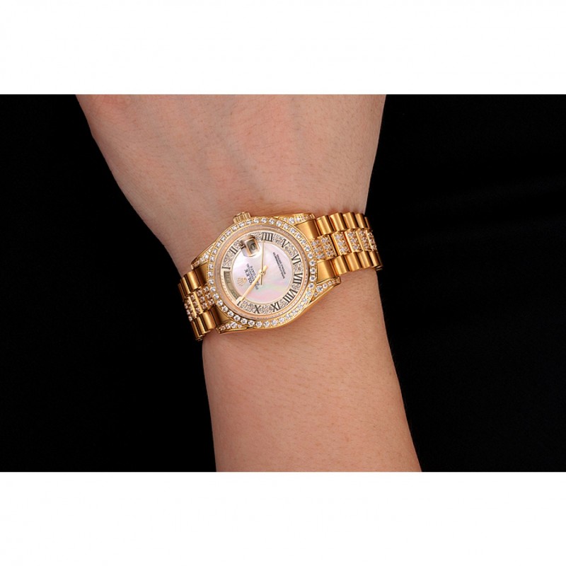 Swiss Rolex Day-Date Diamond Pave White Dial Gold Diamond Bracelet 1453958-8