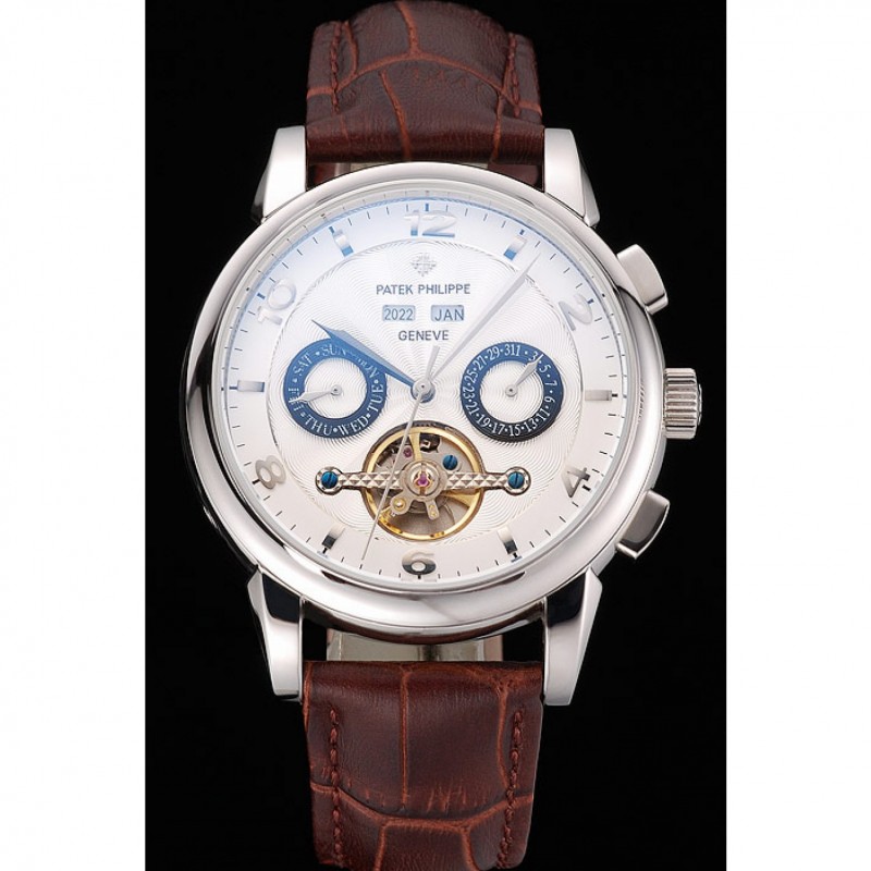 Cheap Replica Watches Patek Philippe Perpetual Calendar Tourbillon White Dial Stainless Steel Case Brown Leather Strap-1