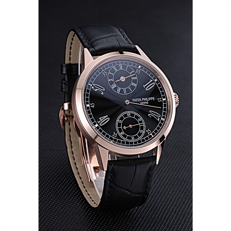 AAA Patek Philippe Geneve Two Dial Black Dial Rose Gold Bezel Black Leather Band 622146-2