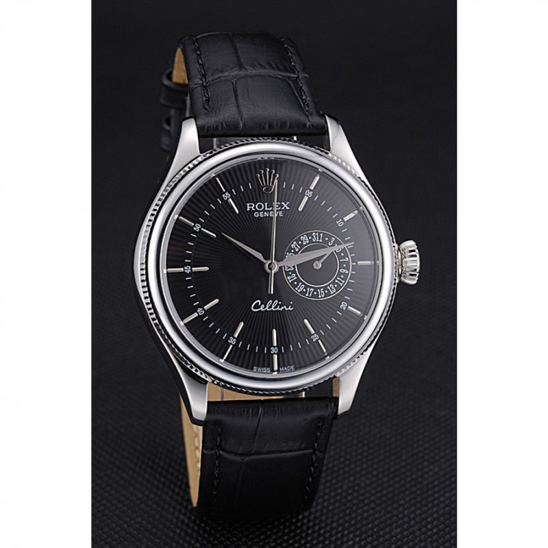 Rolex Cellini Black Dial Stainless Steel Case Black Leather Bracelet 622724-1