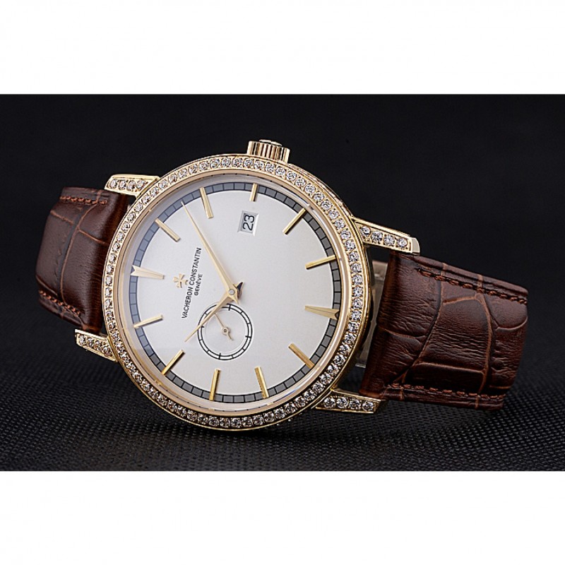 Luxury Replica Watches Swiss Vacheron Constantin Patrimony Contemporaine Gold Diamond Case White Dial Brown Leather Bracelet 622686-4