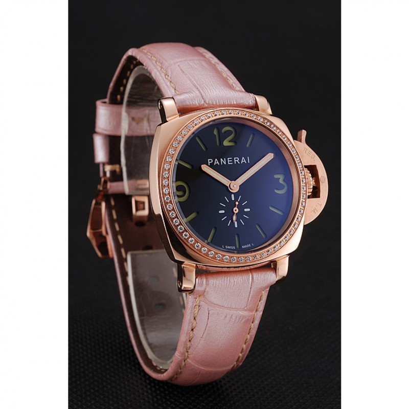 Panerai Radiomir Black Dial Diamond Bezel Rose Gold Case Pink Leather Strap 1453801-2