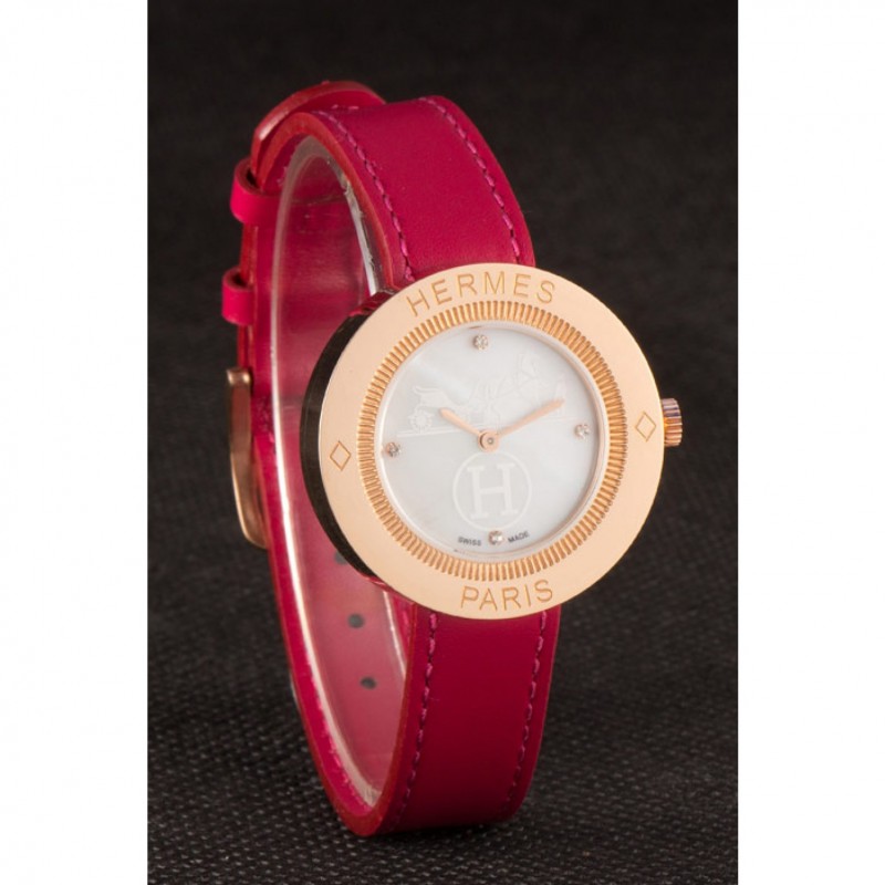 Hermes Classic MOP Dial Magenta Leather Bracelet 801388-3
