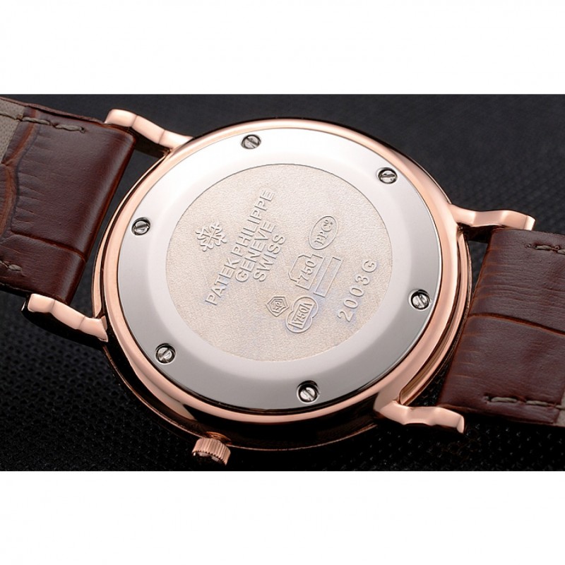 High Quality Patek Philippe Calatrava Black Dial Roman Numerals Ribbed Bezel Rose Gold Case Brown Leather Strap-7