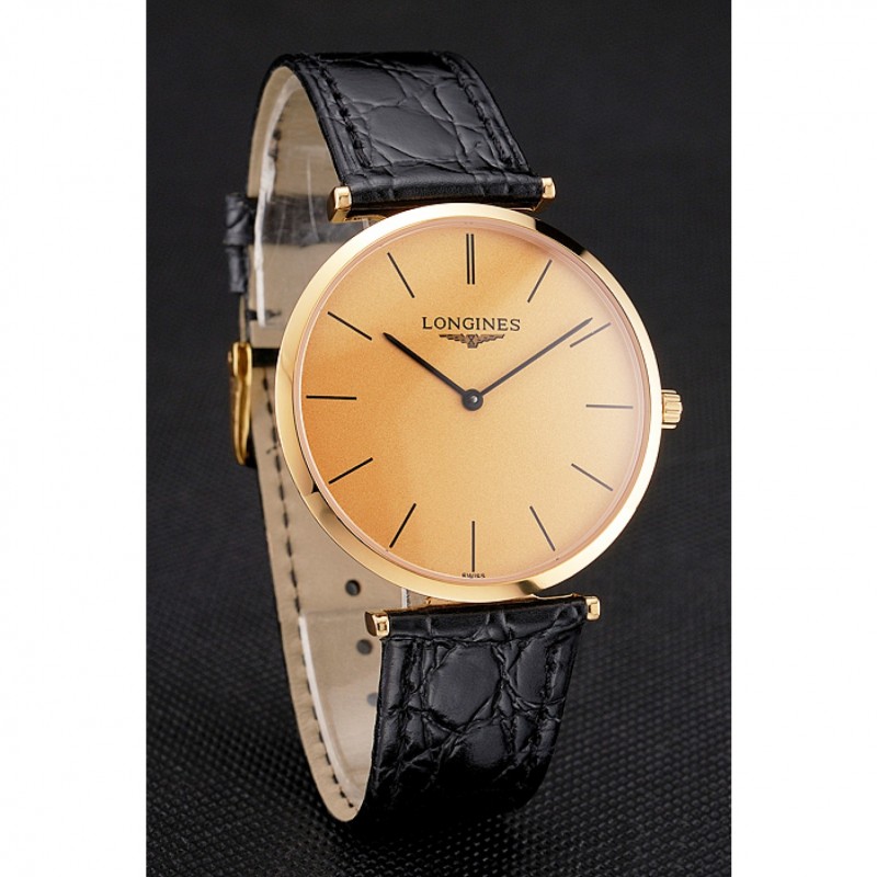 AAA Swiss Longines Grande Classique Gold Dial Gold Case Black Leather Strap-2