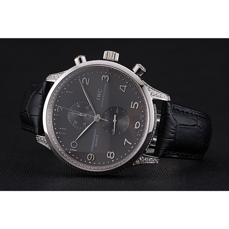 IWC Portugieser Chronograph Black Diamond Dial Black Leather Bracelet-4