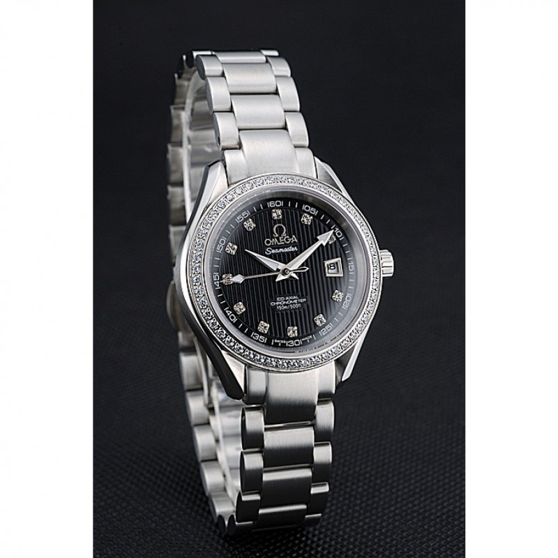 Best Replica Watches Omega Seamaster Aqua Terra Black Dial Diamond Case Stainless Steel Bracelet 622449-2
