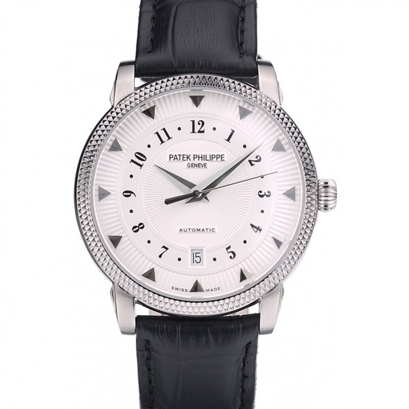 Patek Philippe Swiss Calatrava Ribbed Bezel White Dial Black Leather Strap 7657-0